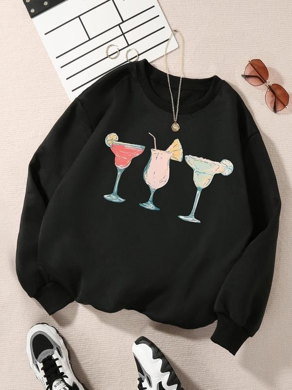 Women'WB shield Cartoon Cocktail Print Drop Shoulder TNF Lined Sweatshirt, Casual Long Sleeve Round Neck Pullover for Fall & Winter, Ladies TNF for Daily Wear - T-Shirt, Sweatshirt, Hoodie