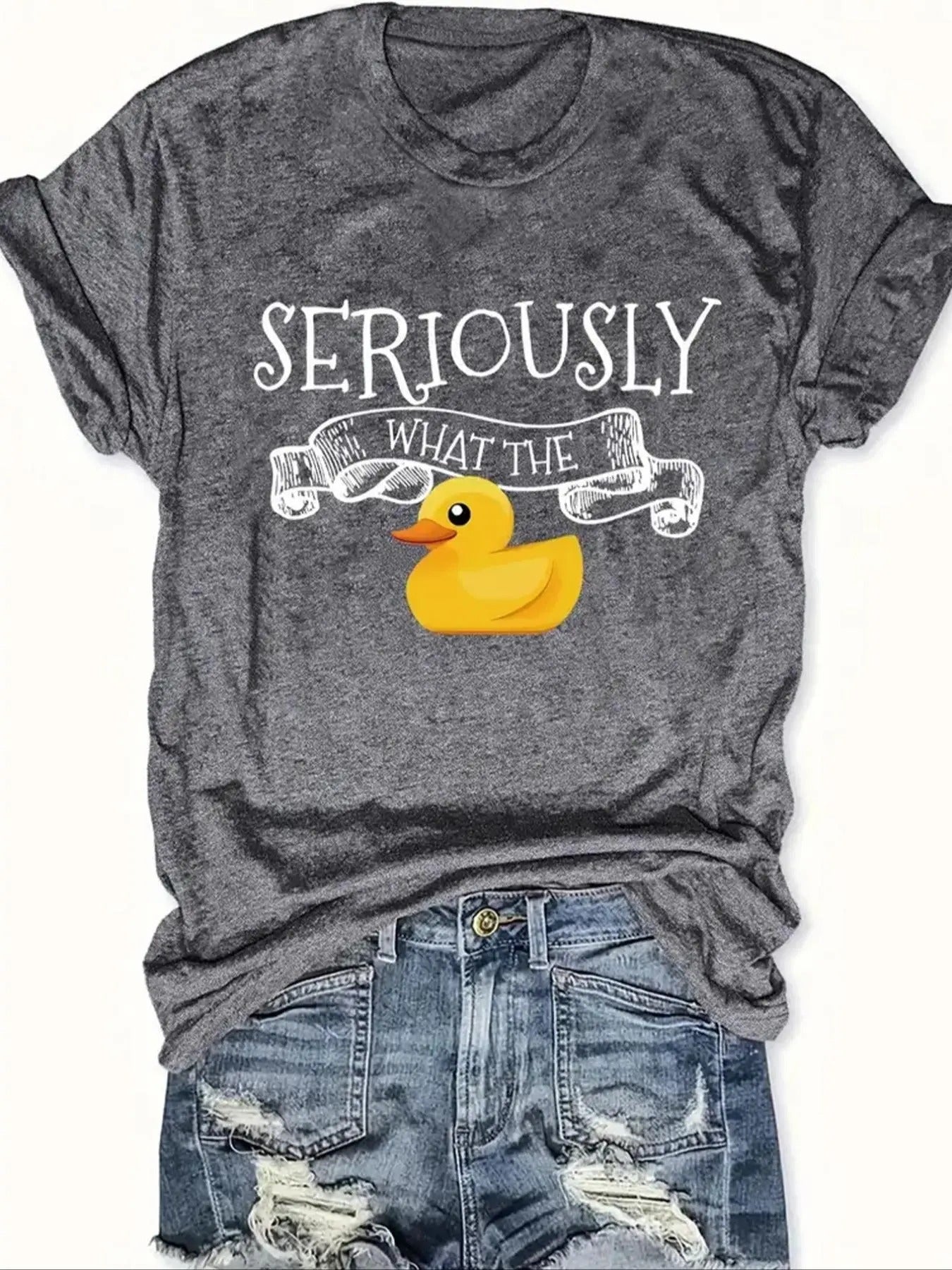 Women'WB shield Cartoon Duck & Letter Print Round Neck Graphic Tee, Vintage Trendy Casual Short Sleeve T-shirt For Daily Wear, Ladies Summer Outfit - T-Shirt, Sweatshirt, Hoodie