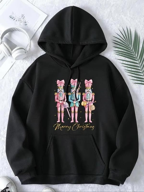 Women'WB shield Cartoon Figure Print Drop Shoulder Fleece Hoodie, Fashion Casual Drawstring Pocket Hooded Sweatshirt for Daily Holiday Outdoor Wear, Women Clothing for Fall & Winter - T-Shirt, Sweatshirt, Hoodie