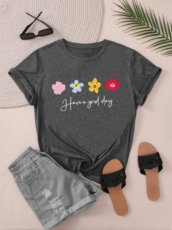 Women'WB shield Cartoon Floral Graphic Print Round Neck Tee, Fashion Casual Short Sleeve T-shirt, Ladies Summer TNF for Daily Wear - T-Shirt, Sweatshirt, Hoodie