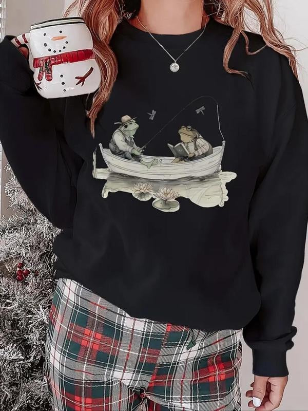 Women'WB shield Cartoon Frog Print Drop Shoulder Sweatshirt, Casual Long Sleeve Round Neck Pullover for Daily Wear, Ladies TNF for Spiky hair fighters Seasons - T-Shirt, Sweatshirt, Hoodie