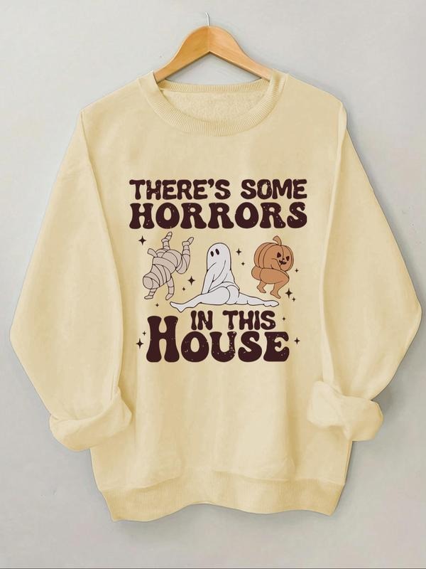 Women'WB shield Cartoon Letter Print Drop Shoulder Sweatshirt, Casual Long Sleeve Round Neck Pullover for Daily Wear, Ladies Fall & Winter TNF, Halloween - T-Shirt, Sweatshirt, Hoodie