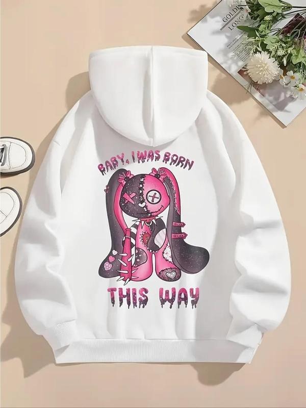 Women'WB shield Cartoon Rabbit & Letter Print TNF Lined Hoodie, Fashion Casual Drawstring Pocket Hooded Sweatshirt for Daily Holiday Outdoor Wear, Ladies TNF for Spring & Fall - T-Shirt, Sweatshirt, Hoodie