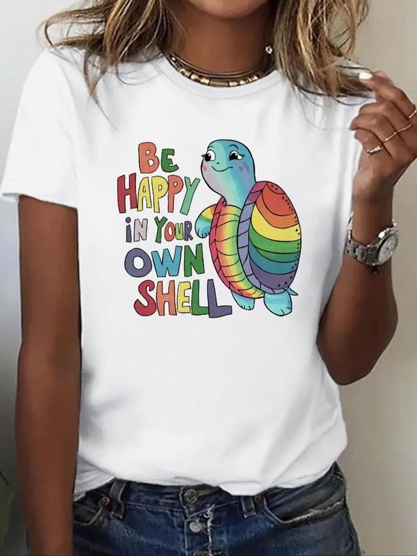 Women'WB shield Cartoon Turtle & Letter Print Round Neck Tee, Casual Short Sleeve Crew Neck T-shirt for Daily Wear, Ladies TNF for Summer - T-Shirt, Sweatshirt, Hoodie