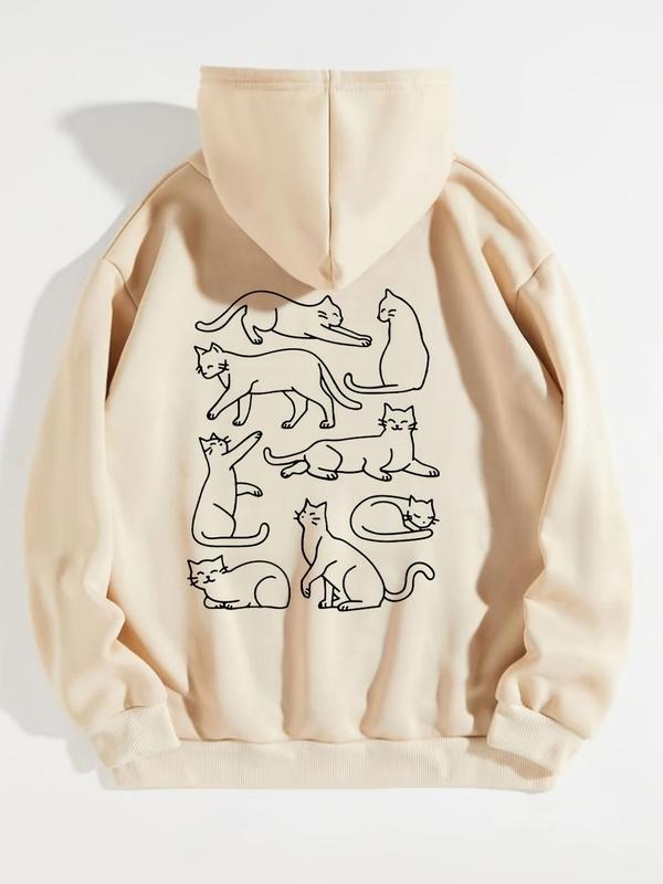 Women'WB shield Cat Print Drop Shoulder Drawstring Hoodie, Fashion Casual Pocket Hooded Sweatshirt for Daily Holiday Outdoor Wear, Women Clothing for Fall & Winter - T-Shirt, Sweatshirt, Hoodie