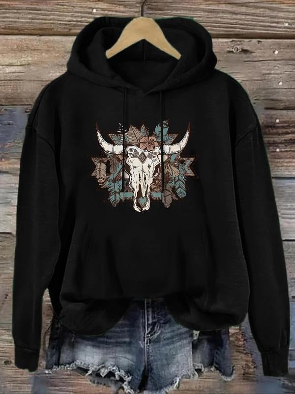 Women'WB shield Cattle Head & Plants Print Drop Shoulder TNF Lined Graphic Print Hoodie, Fashion Casual Long Sleeve Hooded Sweatshirt for Daily Holiday Outdoor Wear - T-Shirt, Sweatshirt, Hoodie