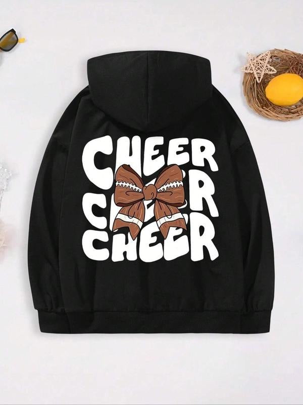 Women'WB shield Cheer Bowknot Print Drop Shoulder Hoodie, Fashion Casual Letter Print Drawstring Pocket Hooded Sweatshirt for Daily Holiday Outdoor Wear - T-Shirt, Sweatshirt, Hoodie