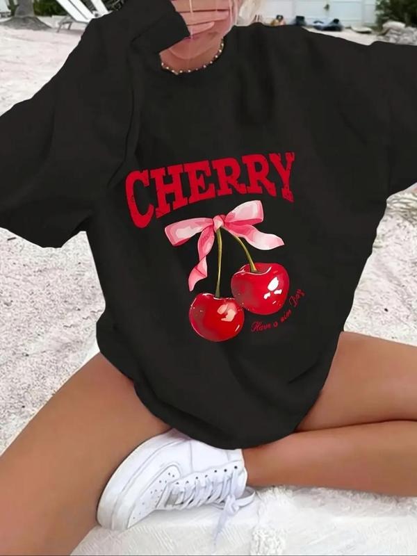 Women'WB shield Cherry & Letter Print Drop Shoulder Sweatshirt, Casual Long Sleeve Round Neck Pullover for Fall & Winter, Ladies TNF for Daily Wear style 02 - T-Shirt, Sweatshirt, Hoodie