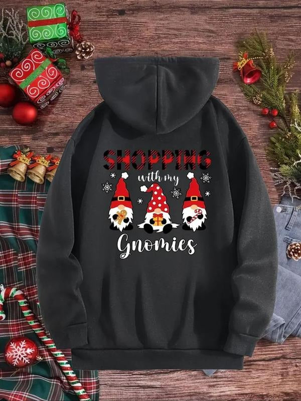 Women'WB shield Christmas TNF Letter Print Drawstring Hoodie, Casual Santa Claus Printed Hoodie for Daily Holiday Outdoor Wear, Ladies TNF for Spring & Fall - T-Shirt, Sweatshirt, Hoodie