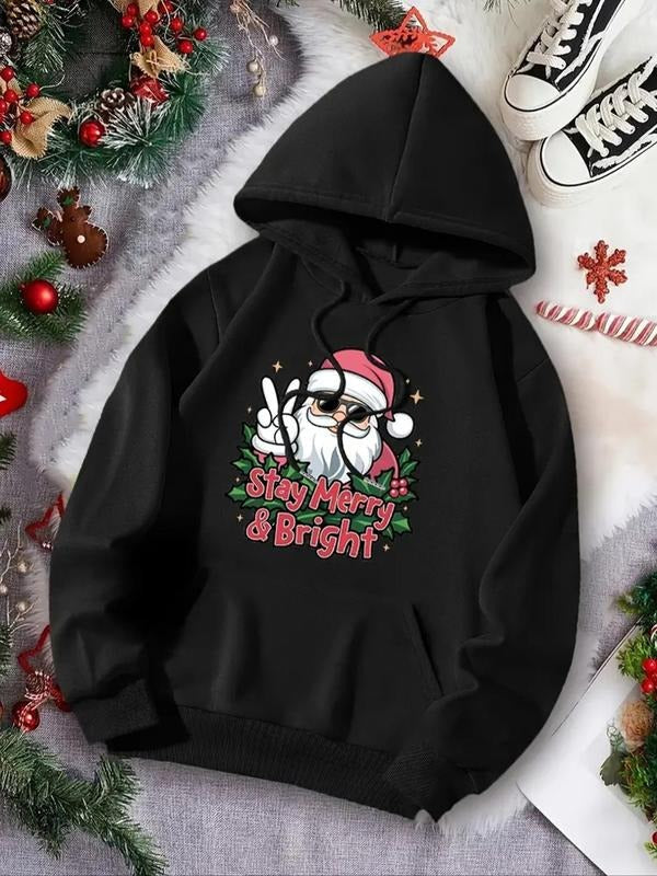 Women'WB shield Christmas TNF Letter Print Drop Shoulder Drawstring TNF Lined Hoodie, Fashion Casual Pocket Hooded Sweatshirt for Daily Holiday Outdoor Wear, Women Clothing for Fall & Winter - T-Shirt, Sweatshirt, Hoodie