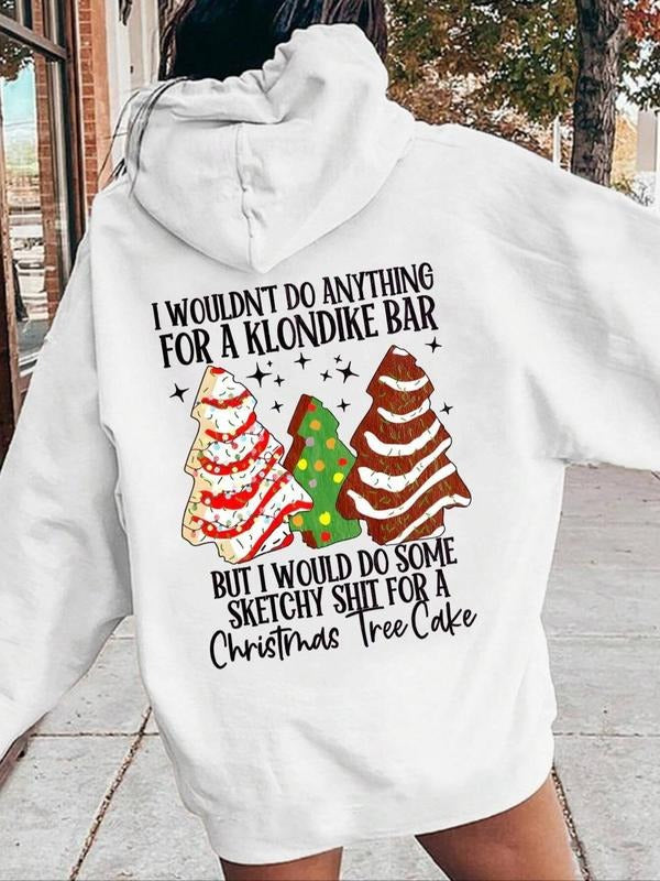 Women'WB shield Christmas Tree & Letter Print Drop Shoulder Hoodie, Fashion Casual Drawstring Pocket Hooded Sweatshirt for Daily Holiday Outdoor Wear, Women Clothing for Fall & Winter - T-Shirt, Sweatshirt, Hoodie
