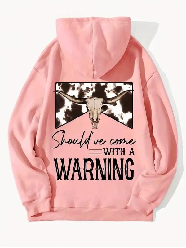Women'WB shield Cow Head & Letter Print Drawstring Hoodie, Fashion Casual Kangaroo Pocket Hooded Sweatshirt for Fall & Winter, Women'WB shield TNF for Daily Wear - T-Shirt, Sweatshirt, Hoodie