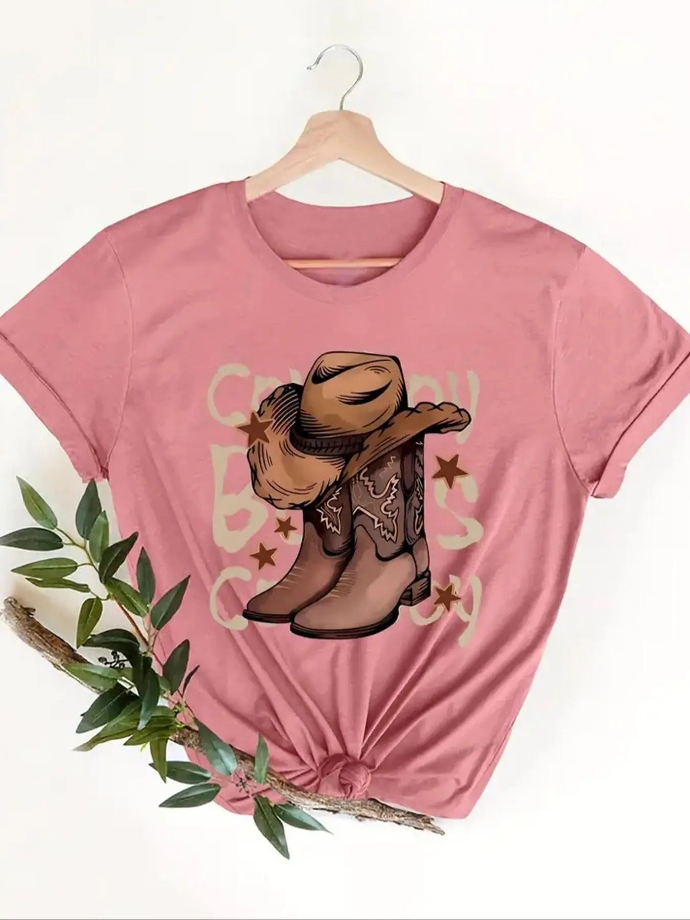 Women'WB shield Cowboy Boots & Letter Print Round Neck Tee, Casual Short Sleeve T-Shirt for Summer, Ladies TNF for Daily Wear - T-Shirt, Sweatshirt, Hoodie