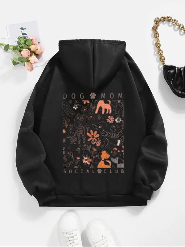 Women'WB shield Dog & Floral Print Drawstring Hoodie, Fashion Casual Kangaroo Pocket Hoodies for Fall & Winter, Women'WB shield TNF for Daily Wear - T-Shirt, Sweatshirt, Hoodie
