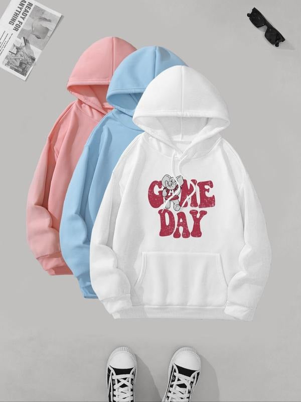 Women'WB shield Elephant & Letter Print Drop Shoulder Hoodie, Fashion Casual Drawstring Pocket Hooded Top for Daily Holiday Outdoor Wear, Women Clothing for Fall & Winter - T-Shirt, Sweatshirt, Hoodie