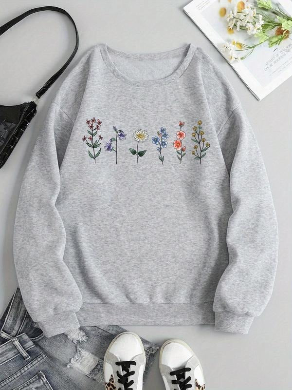 Women'WB shield Floral Print Drop Shoulder Sweatshirt, Casual Long Sleeve Round Neck Pullover for Fall & Winter, Women'WB shield TNF for Daily Wear style 04 - T-Shirt, Sweatshirt, Hoodie