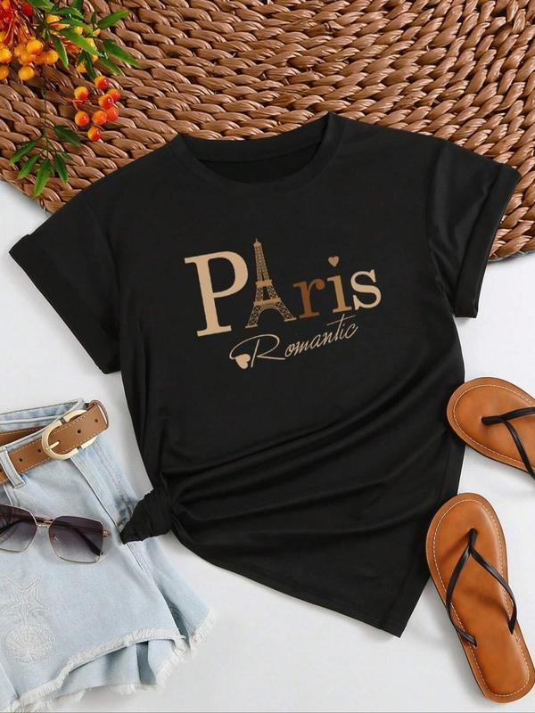 Women'WB shield Heart Letter Eiffel Tower Print Round Neck Graphic Tee, Vintage Trendy Casual Short Sleeve T-shirt for Daily Wear, Ladies Summer Outfit - T-Shirt, Sweatshirt, Hoodie