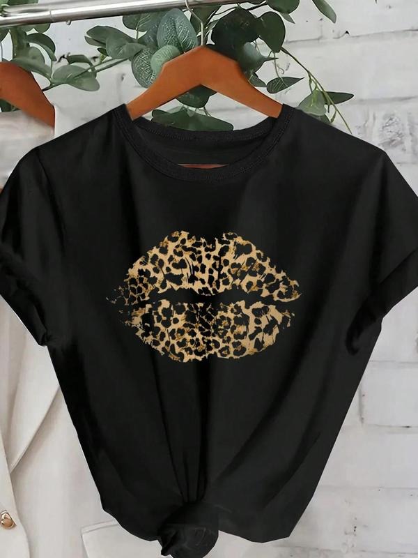 Women'WB shield Leopard Lip Print Round Neck Tee, Fashion Casual Crew Neck T-Shirt for Daily Holiday Vacation Outdoor Wear, Ladies TNF for Summer - T-Shirt, Sweatshirt, Hoodie