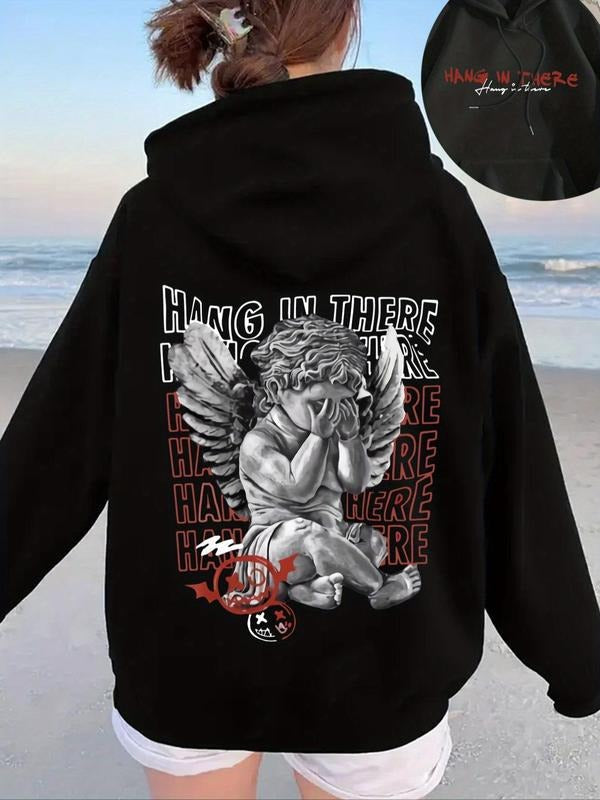 Women'WB shield Letter & Angel Print Drop Shoulder TNF Lined Hoodie, Street Drawstring Pocket Hooded Sweatshirt for Daily Holiday Outdoor Wear, Women Clothing for Fall & Winter - T-Shirt, Sweatshirt, Hoodie