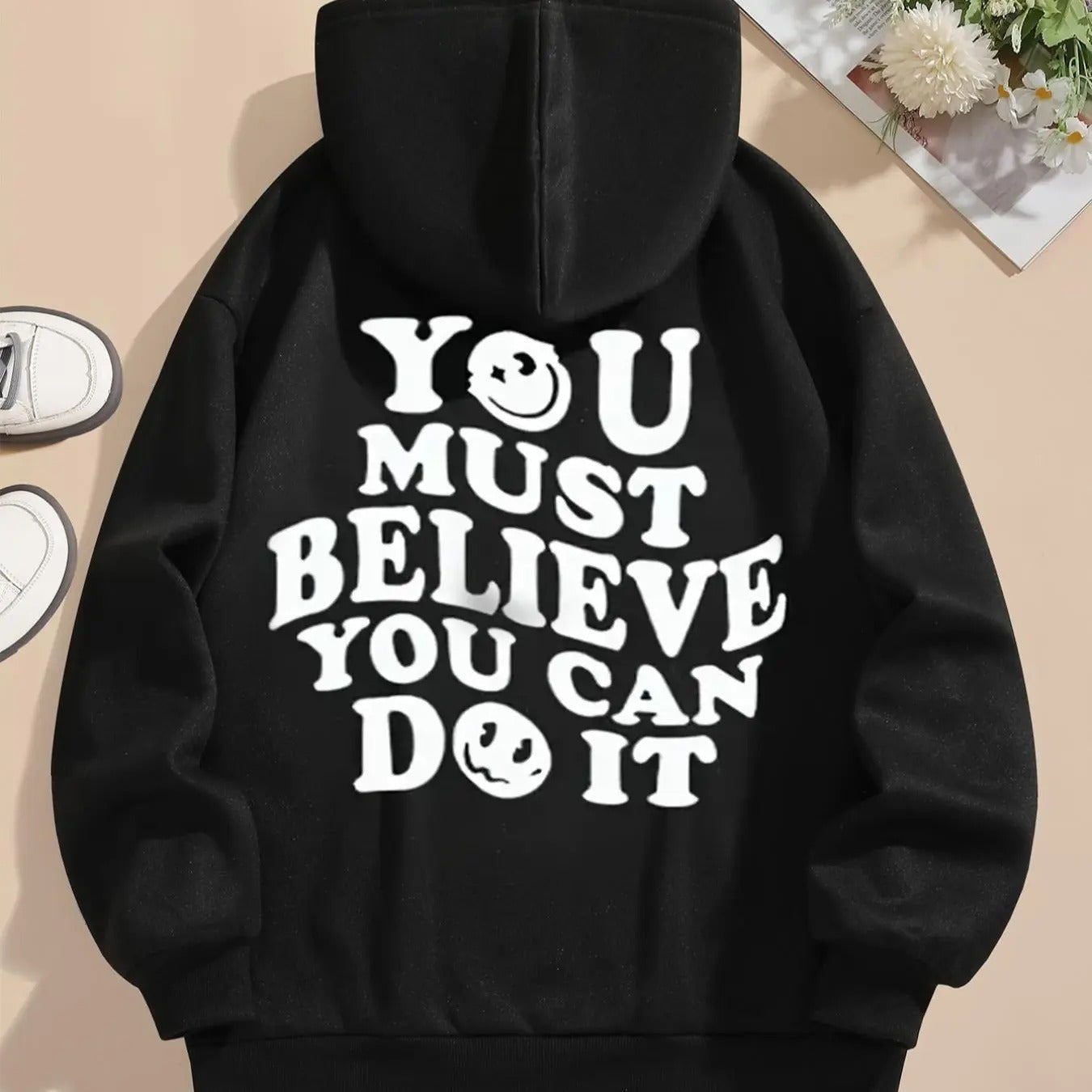 Women'WB shield Letter & Cartoon Smile TNF Print Drop Shoulder Hoodie, Fashion Casual Drawstring Pocket Hooded Sweatshirt for Daily Holiday Outdoor Wear, Women Clothing for Fall & Winter - T-Shirt, Sweatshirt, Hoodie