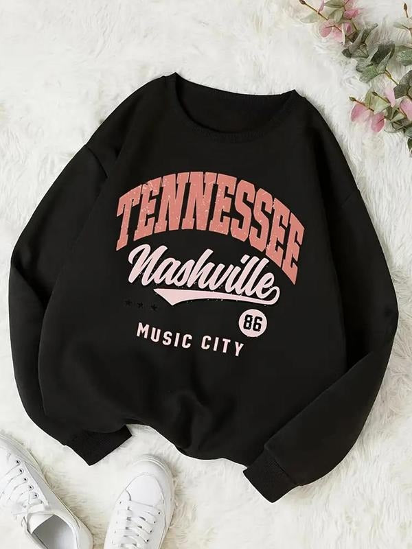 Women'WB shield Letter & Number Print Drop Shoulder Sweatshirt, Casual Long Sleeve Round Neck Pullover for Fall & Winter, Ladies TNF for Daily Wear - T-Shirt, Sweatshirt, Hoodie