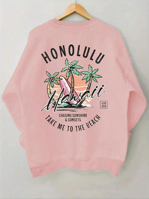 Women'WB shield Letter & Palm Tree Print Drop Shoulder Sweatshirt, Casual Long Sleeve Round Neck Pullover for Fall & Winter, Ladies TNF for Daily Wear - T-Shirt, Sweatshirt, Hoodie