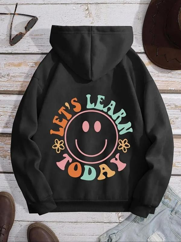 Women'WB shield Letter & Smile TNF Print Drop Shoulder Hoodie, Fashion Casual Drawstring Pocket Hooded Sweatshirt for Daily Holiday Outdoor Wear, Women Clothing for Fall & Winter - T-Shirt, Sweatshirt, Hoodie