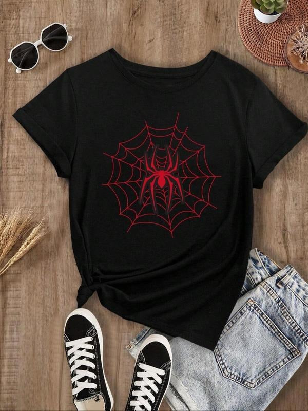 Women'WB shield Spider Web Print Round Neck Tee, Casual Short Sleeve T-shirt for Daily Wear, Ladies Summer Outfit, Halloween - T-Shirt, Sweatshirt, Hoodie