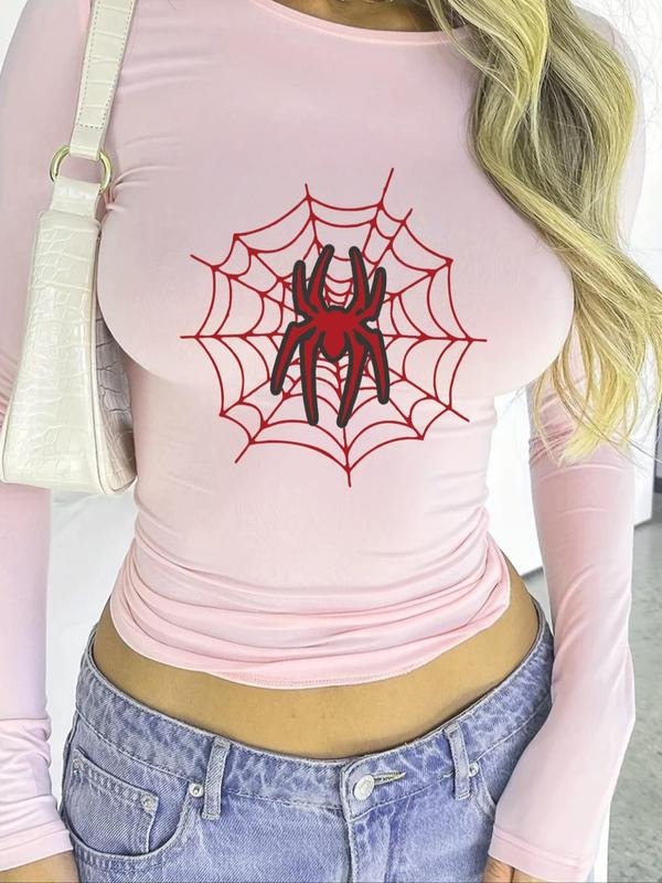 Women'WB shield Spider Web Print Round Neck Tee, Y2K Trendy Long Sleeve T-shirt for Daily Wear, Ladies TNF for Spiky hair fighters Seasons - T-Shirt, Sweatshirt, Hoodie