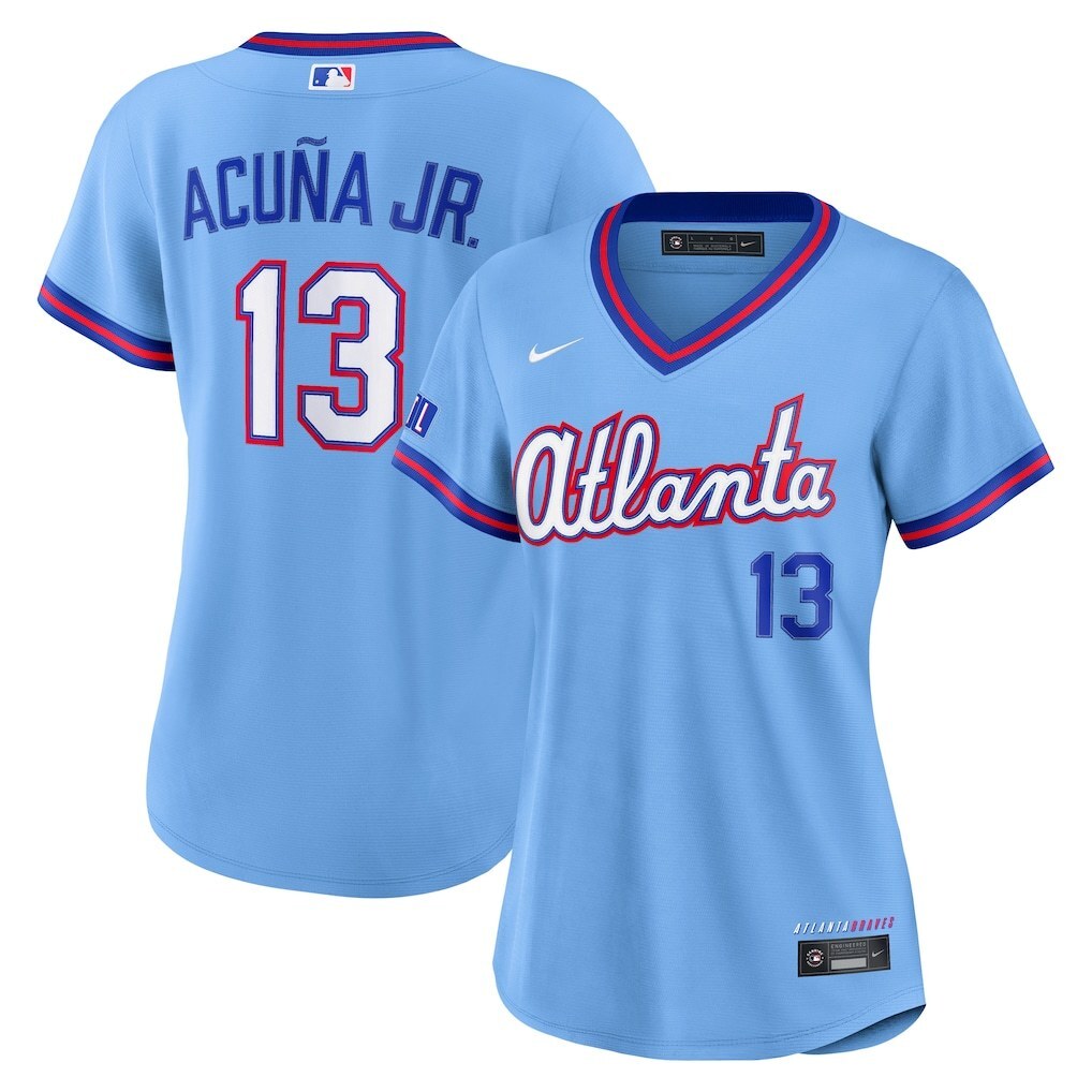 Women Atlanta Braves #13 Ronald Acuña Jr. 2026 City Connect Stadium Jersey - Powder Blue Baseball Jersey baseball jersey product view 1