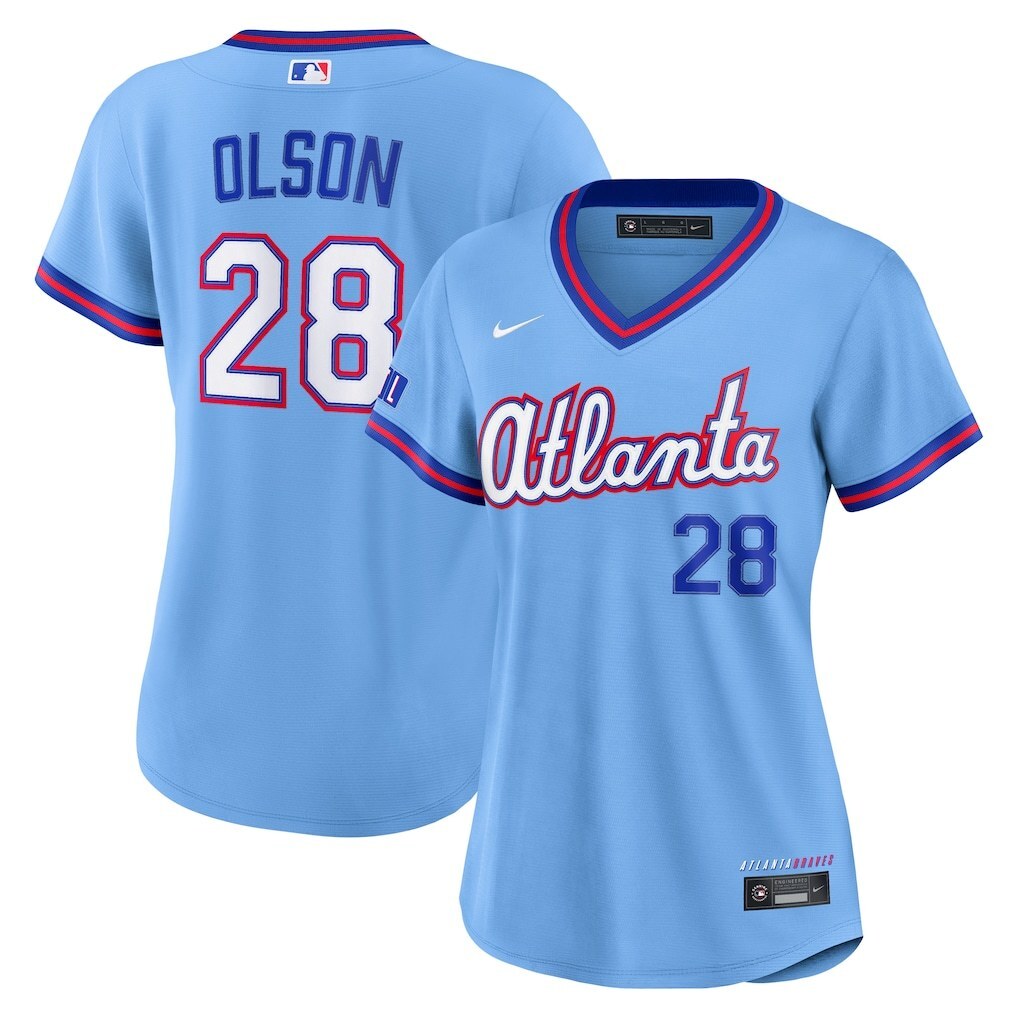 Women Atlanta Braves #28 Matt Olson 2026 City Connect Stadium Jersey - Powder Blue Baseball Jersey baseball jersey product view 1
