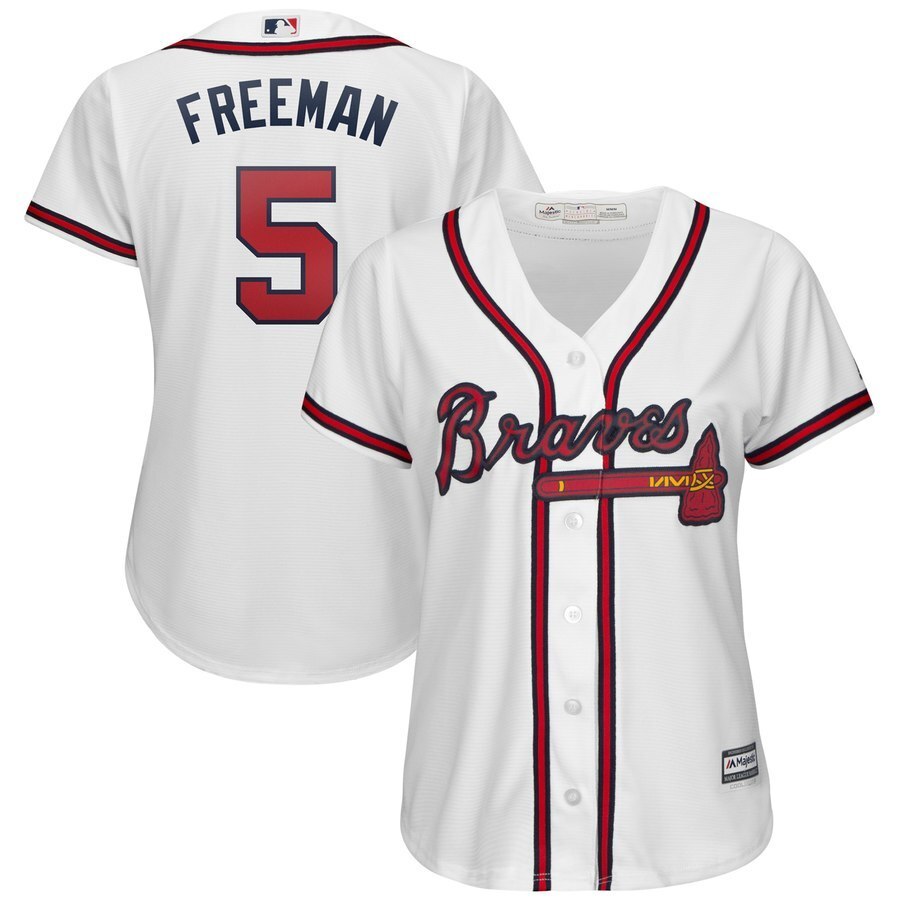 Women Atlanta Braves #5 Freddie Freeman Majestic 2019 Home Cool Base Player Jersey - White baseball jersey product view 1