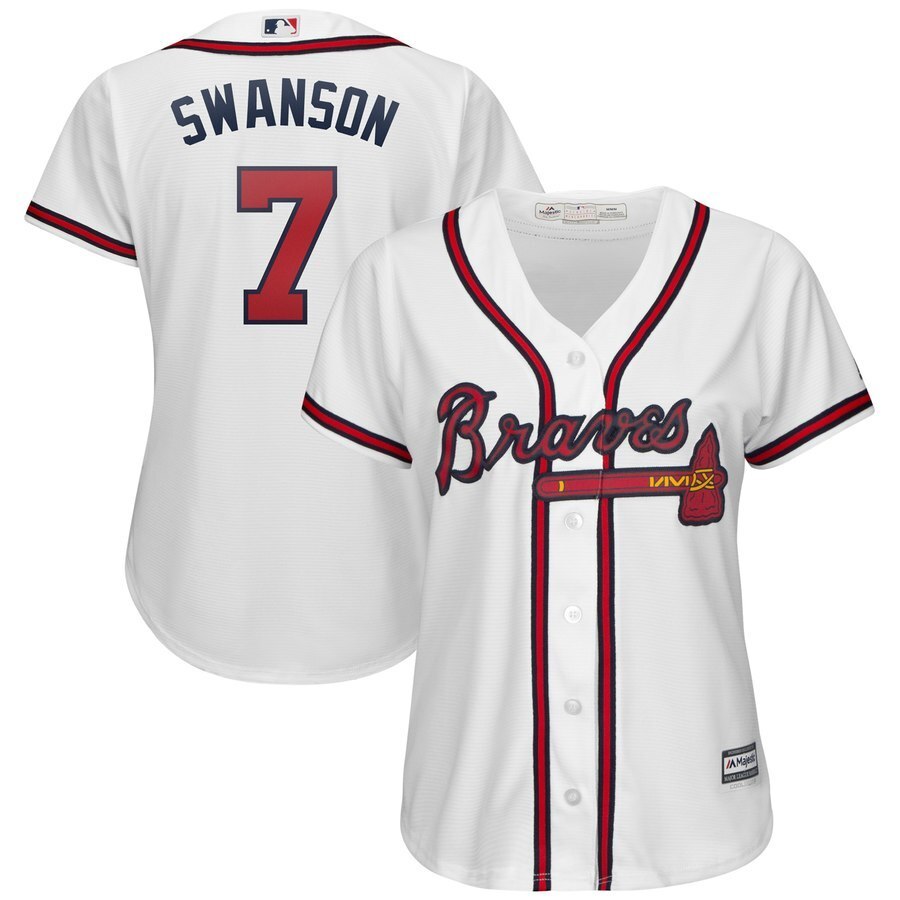 Women Atlanta Braves #7 Dansby Swanson Majestic 2019 Home Cool Base Player Jersey - White Baseball Jersey baseball jersey product view 1