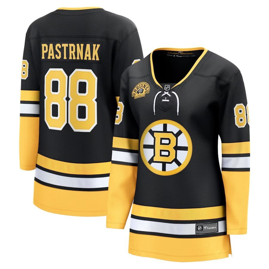 Women Boston Bruins #88 David Pastrnak 100th Anniversary Premier Breakaway Player Jersey - Black hockey jersey product view 1