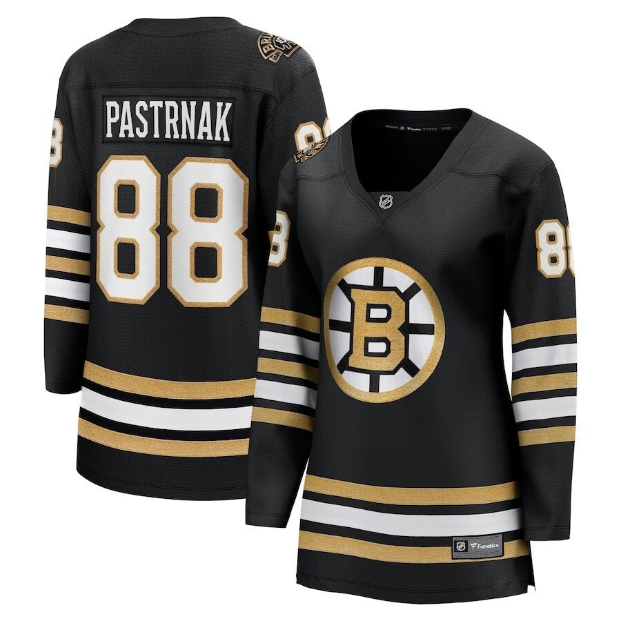 Women Boston Bruins #88 David Pastrnak Branded 100th Anniversary Premier Breakaway Player Jersey - Black hockey jersey product view 1
