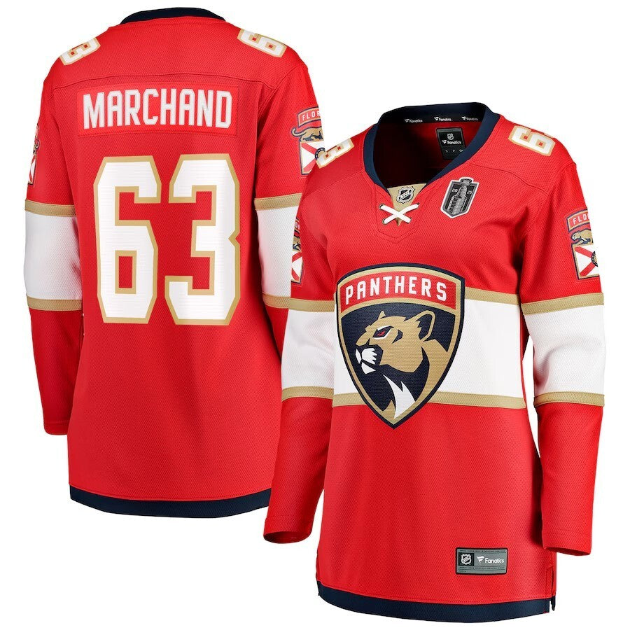 Women Florida Panthers #13 Brad Marchand 2025 Stanley Cup Final Home Breakaway Player Jersey - Red hockey jersey product view 1