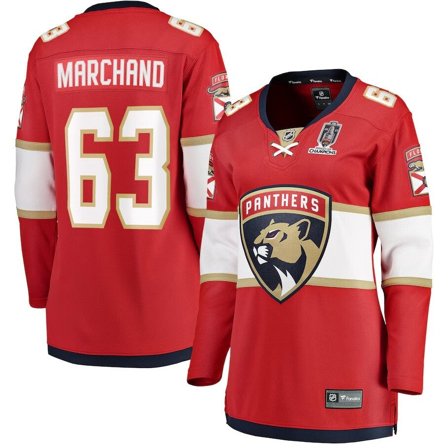 Women Florida Panthers #63 Brad Marchand 2025 Stanley Cup Champions Breakaway Jersey - Red hockey jersey product view 1