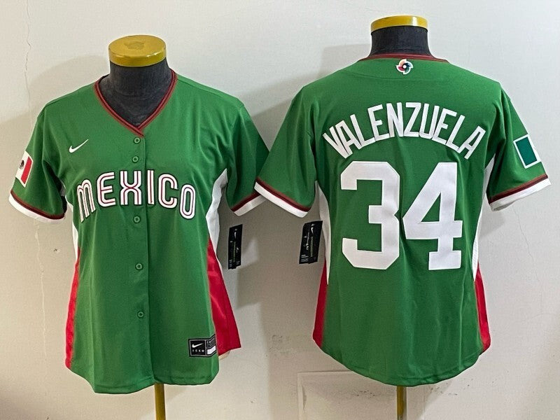 Women Mexico Baseball #34 Valenzuela Green 2026 World Baseball Classic 26 World Cup Women Soccer Jersey baseball jersey product view 1