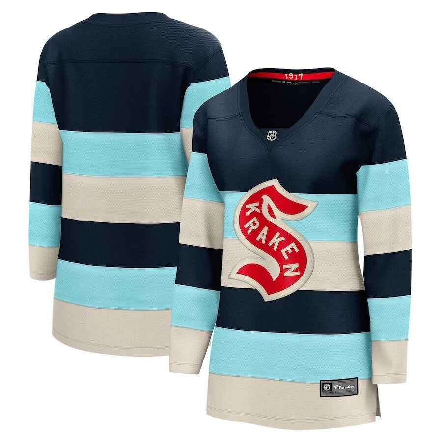 Women Seattle Kraken Fanatics Branded 2024 NHL Winter Classic Breakaway Jersey - Deep Sea Blue hockey jersey product view 1