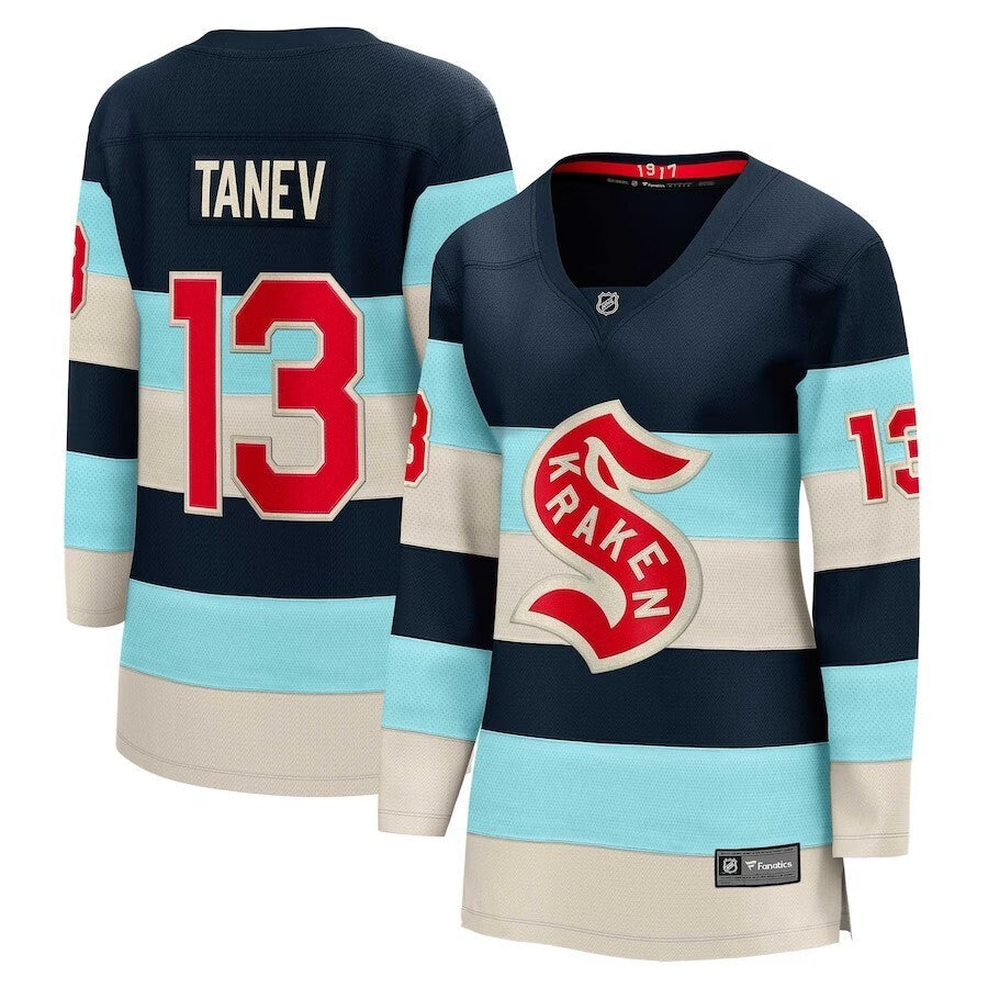 Women Seattle Kraken #13 Brandon Tanev Branded 2024 NHL Winter Classic Breakaway Player Jersey - Deep Sea Blue hockey jersey product view 1