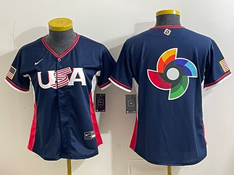Women USA Baseball x Undefeated Navy 2026 World Baseball Classic 26 World Cup Women Style 1 baseball jersey product view 1