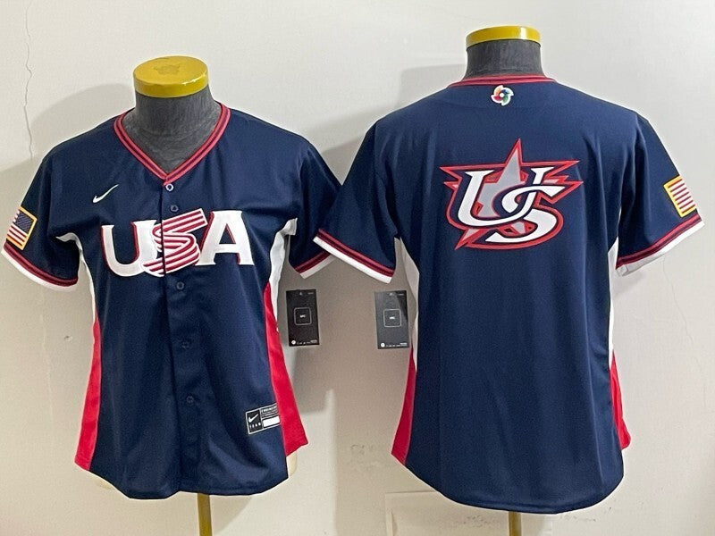 Women USA Baseball x Undefeated Navy 2026 World Baseball Classic 26 World Cup Women Style 3 baseball jersey product view 1