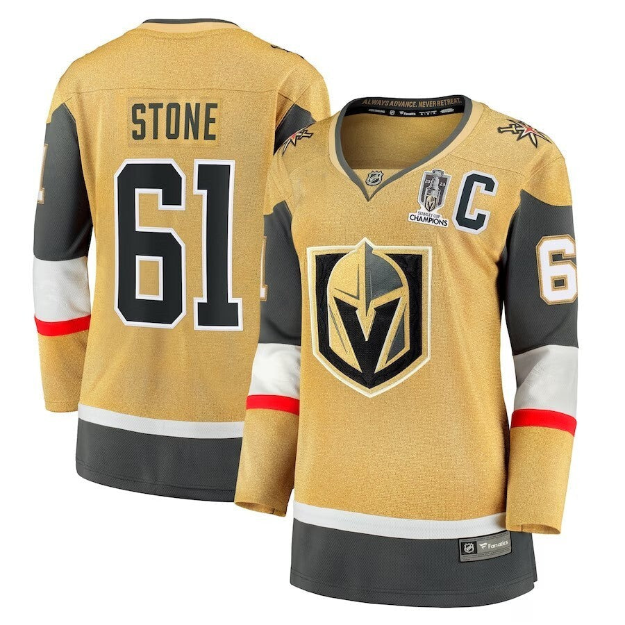 Women Vegas Golden Knights Mark Stone 2023 Stanley Cup Champions Home Breakaway Player Jersey - Gold hockey jersey product view 1