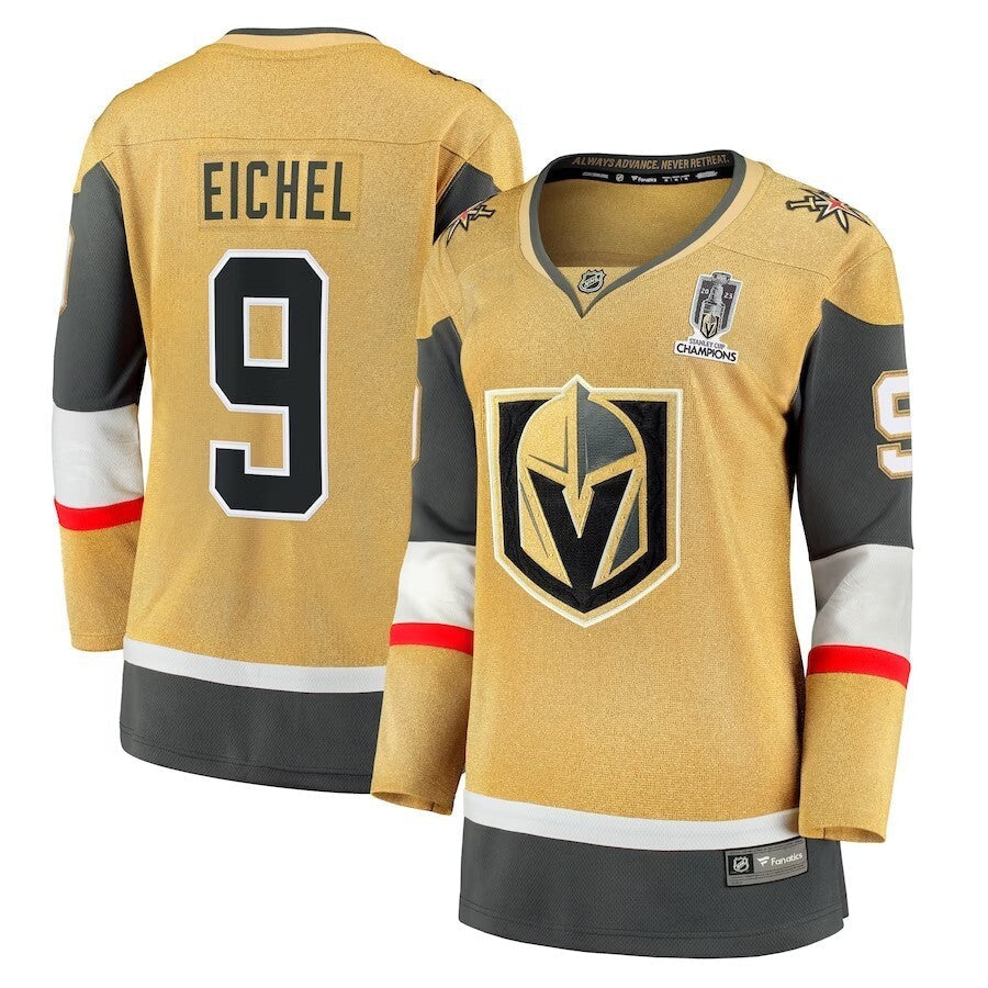 Women Vegas Golden Knights #9 Jack Eichel 2023 Stanley Cup Champions Home Breakaway Player Jersey - Gold hockey jersey product view 1