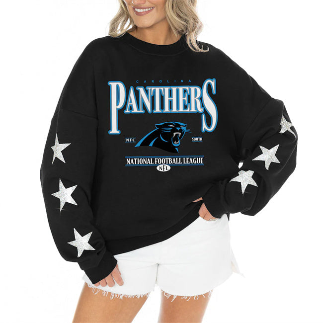 Women's Carolina Panthers Gameday Couture Black Rhinestone Star Sleeve Settle Football Jersey football jersey product view 1