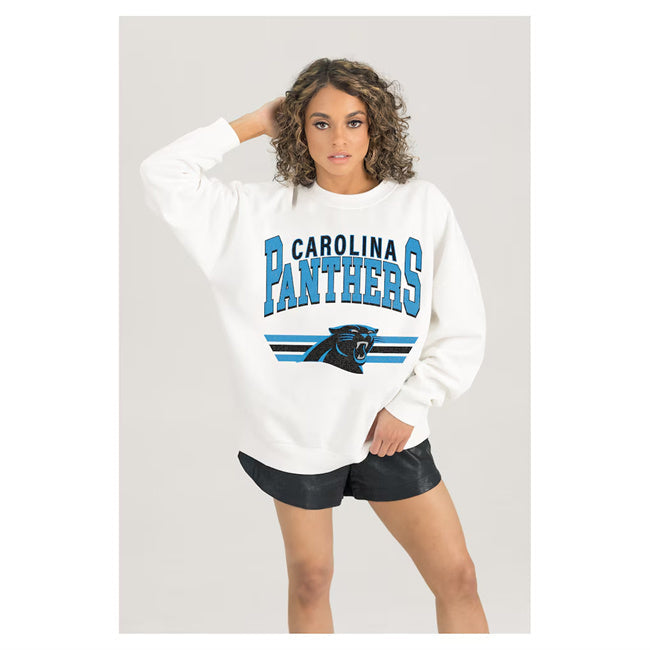 Women's Carolina Panthers Gameday Couture White Sunday Drives Oversized Crewneck Football Jersey football jersey product view 1
