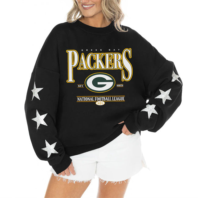 Women's Green Bay Packers Gameday Couture Black Rhinestone Star Sleeve Settle Football Jersey football jersey product view 1