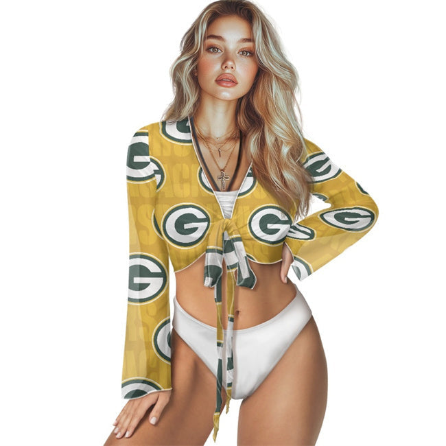 Women's Green Bay Packers Swimsuit Cover Up Long Sleeve Sheer V Neck Lightweight Tie Football Jersey football jersey product view 1