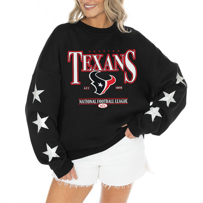 Women's Houston Texans Gameday Couture Black Rhinestone Star Sleeve Settle Football Jersey football jersey product view 1