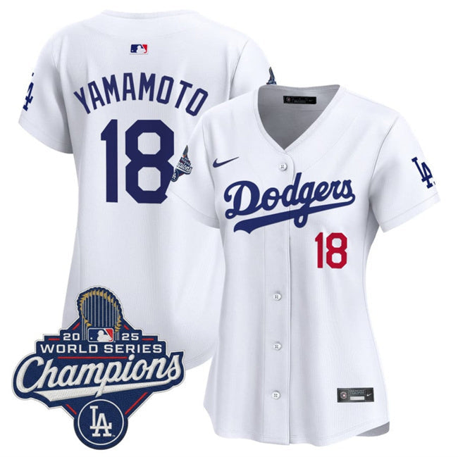 Women's Los Angeles Dodgers #18 Yoshinobu Yamamoto White 2025 World Series Champions Baseball Jersey baseball jersey product view 1